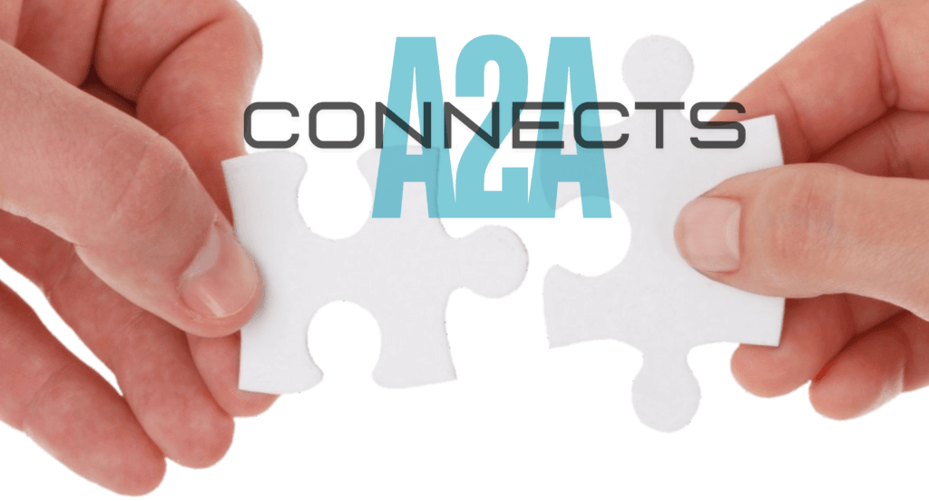Left and right hands holding an A2A Connects business card